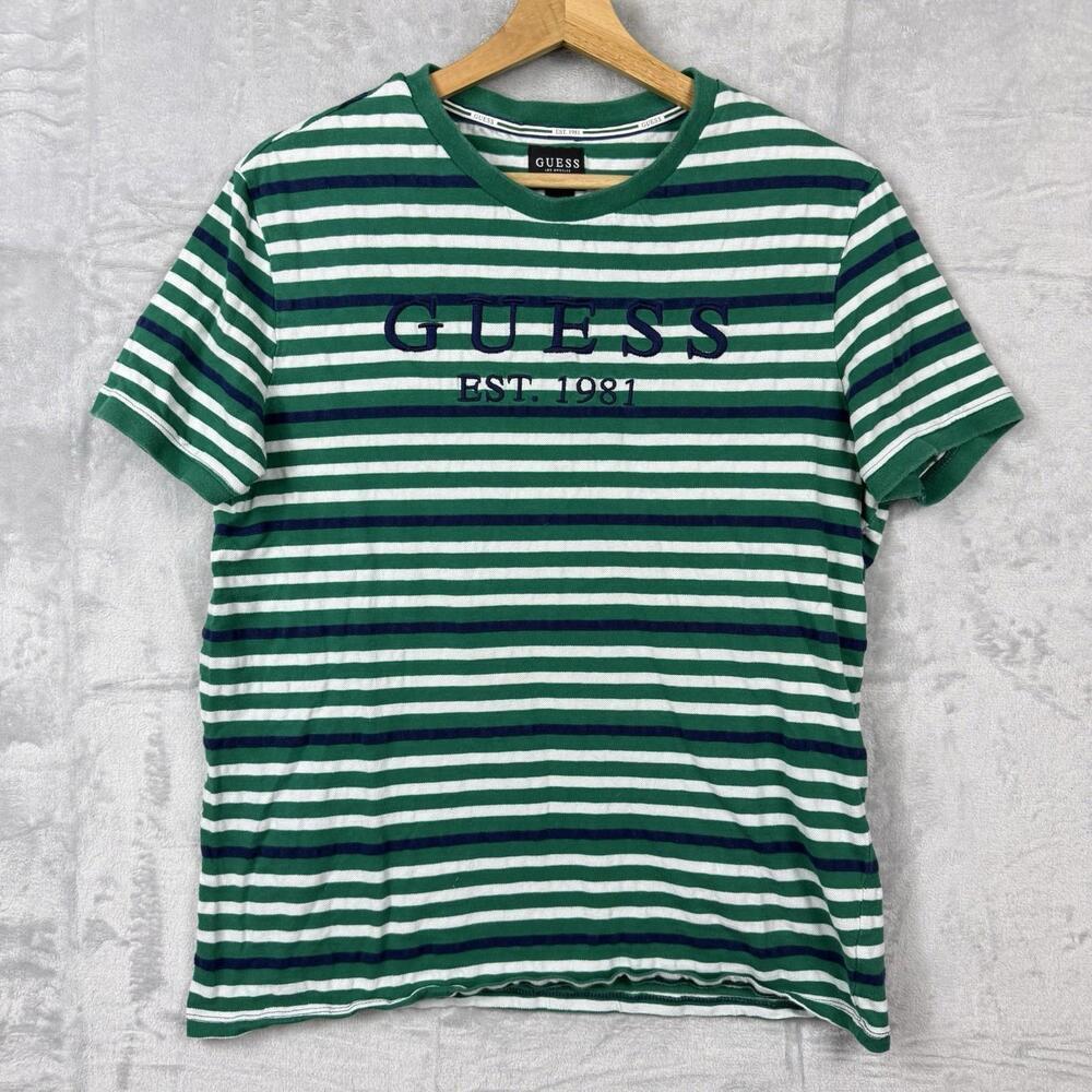 Y2K Guess Los Angeles Striped T-Shirt Size M Green Navy White EST. 1981 Logo Tee